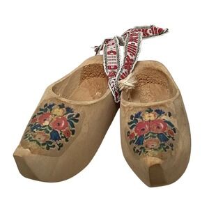 Halmstad Sweden Miniature Wooden Clogs Hand Painted Floral Folk Art Ornament